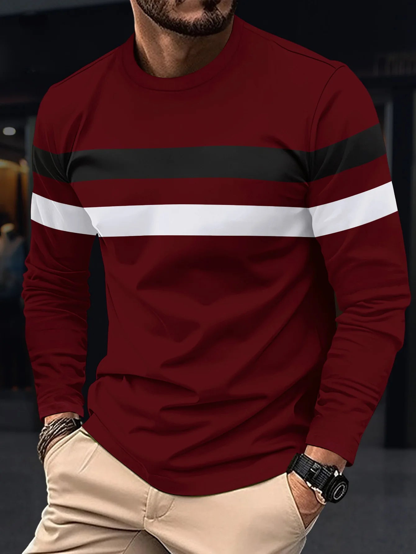 Men's Comfy Oversized Striped Long Sleeve Tee: Versatile Color Block Style