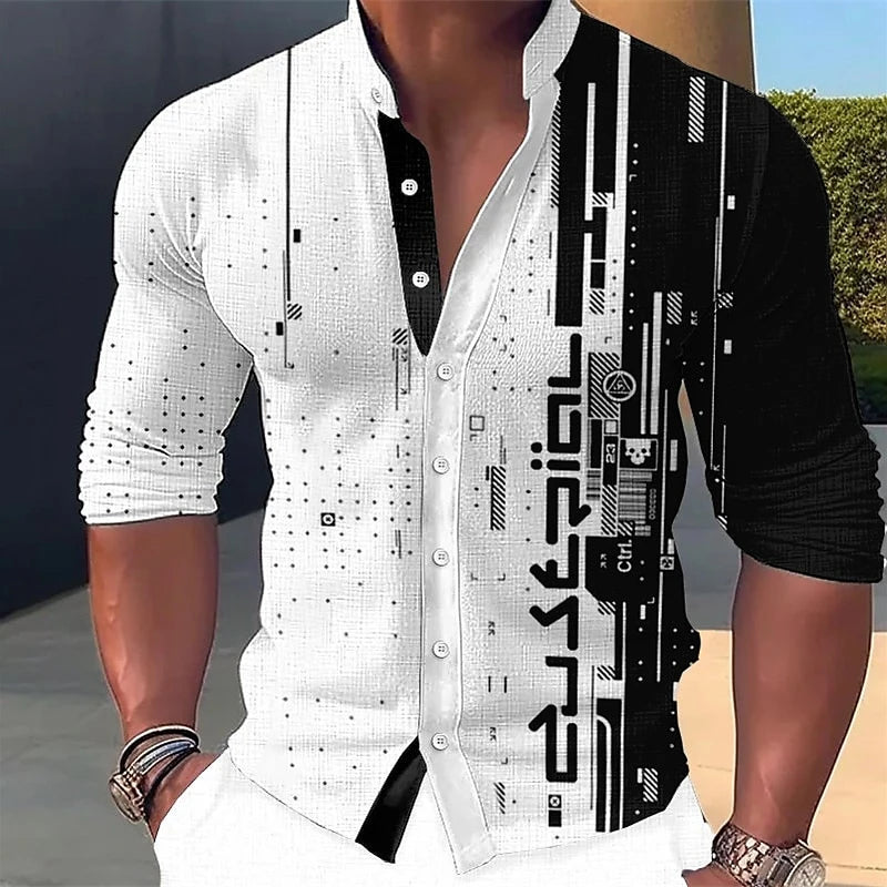 Vintage Geometry Graphic 3D Printed Long Sleeve Men's Casual Streetwear Shirt
