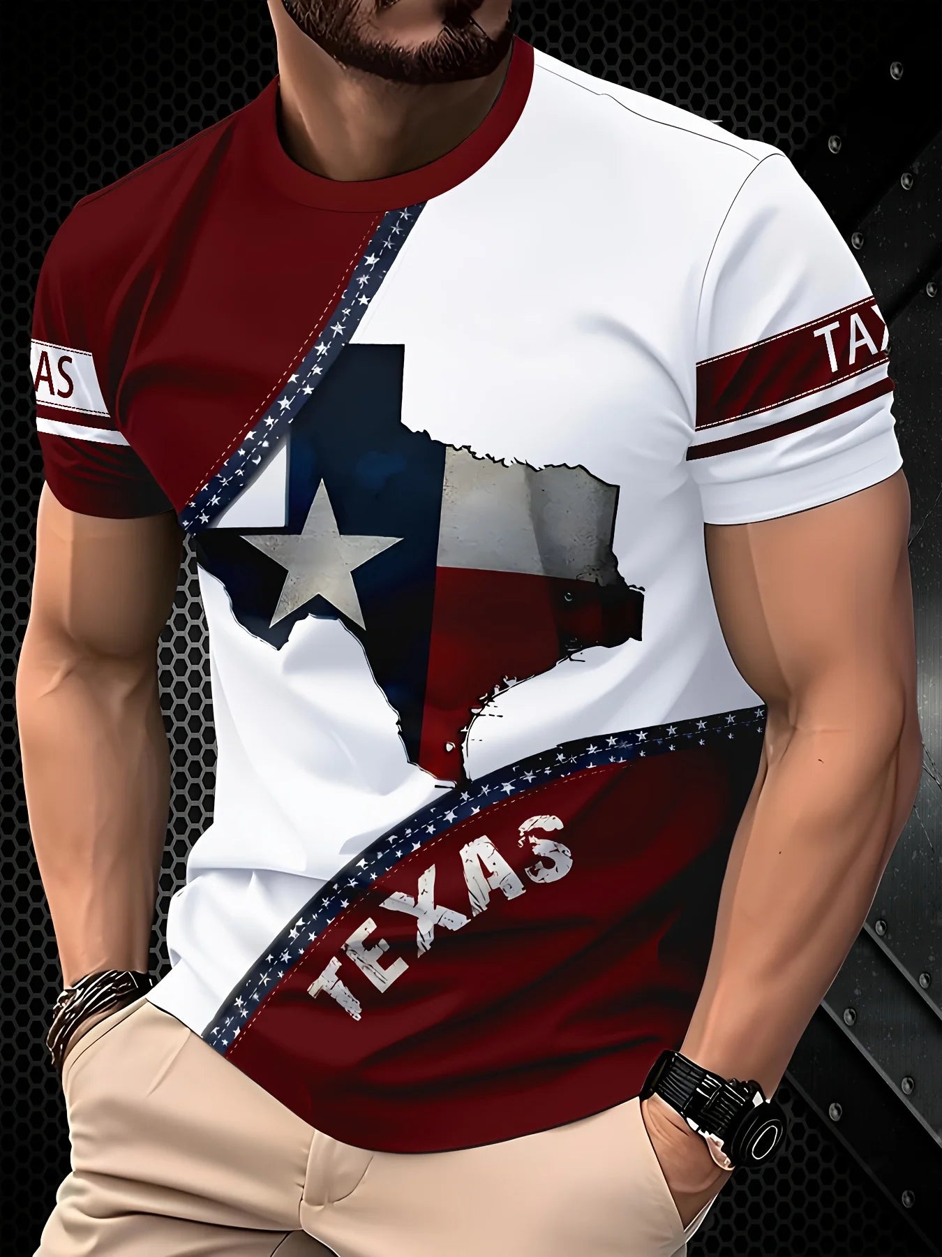 Patriotic Men's Texas Flag Print T-Shirt - Comfortable Polyester Knit Crew Neck