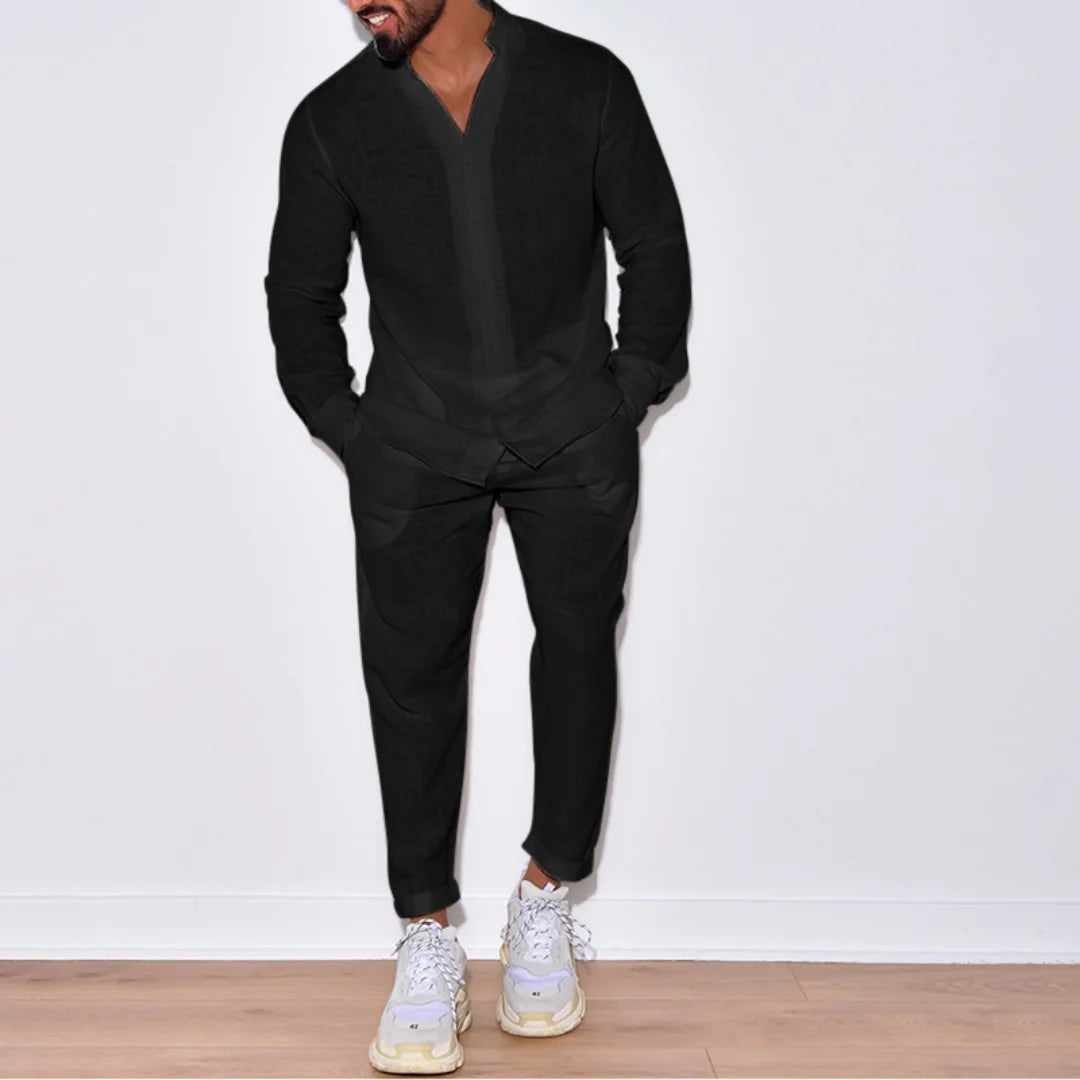 Men's Casual Linen Long Sleeve Button Suit - Solid Color Single Breasted Overalls