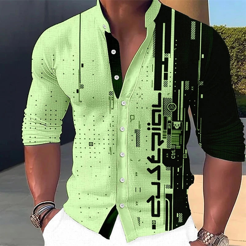 Vintage Geometry Graphic 3D Printed Long Sleeve Men's Casual Streetwear Shirt