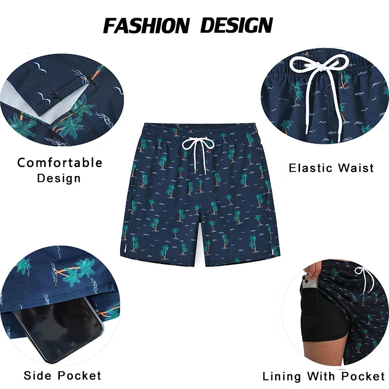 ESCATCH Men's Quick Dry Printed Swim Shorts: Elastic Waist Beachwear