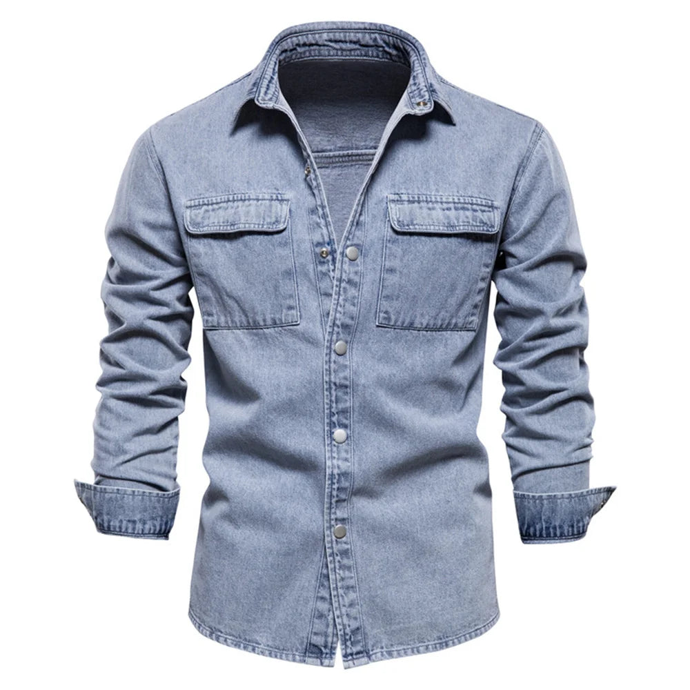AIOPESON Men's Premium Cotton Denim Shirt - Solid Color Long Sleeve