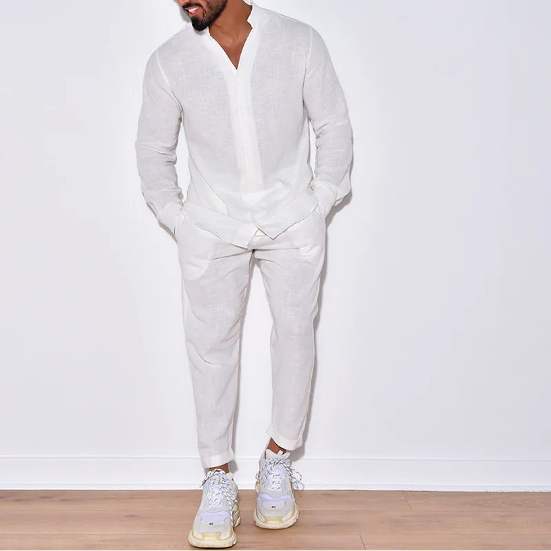 Men's Casual Linen Long Sleeve Button Suit - Solid Color Single Breasted Overalls