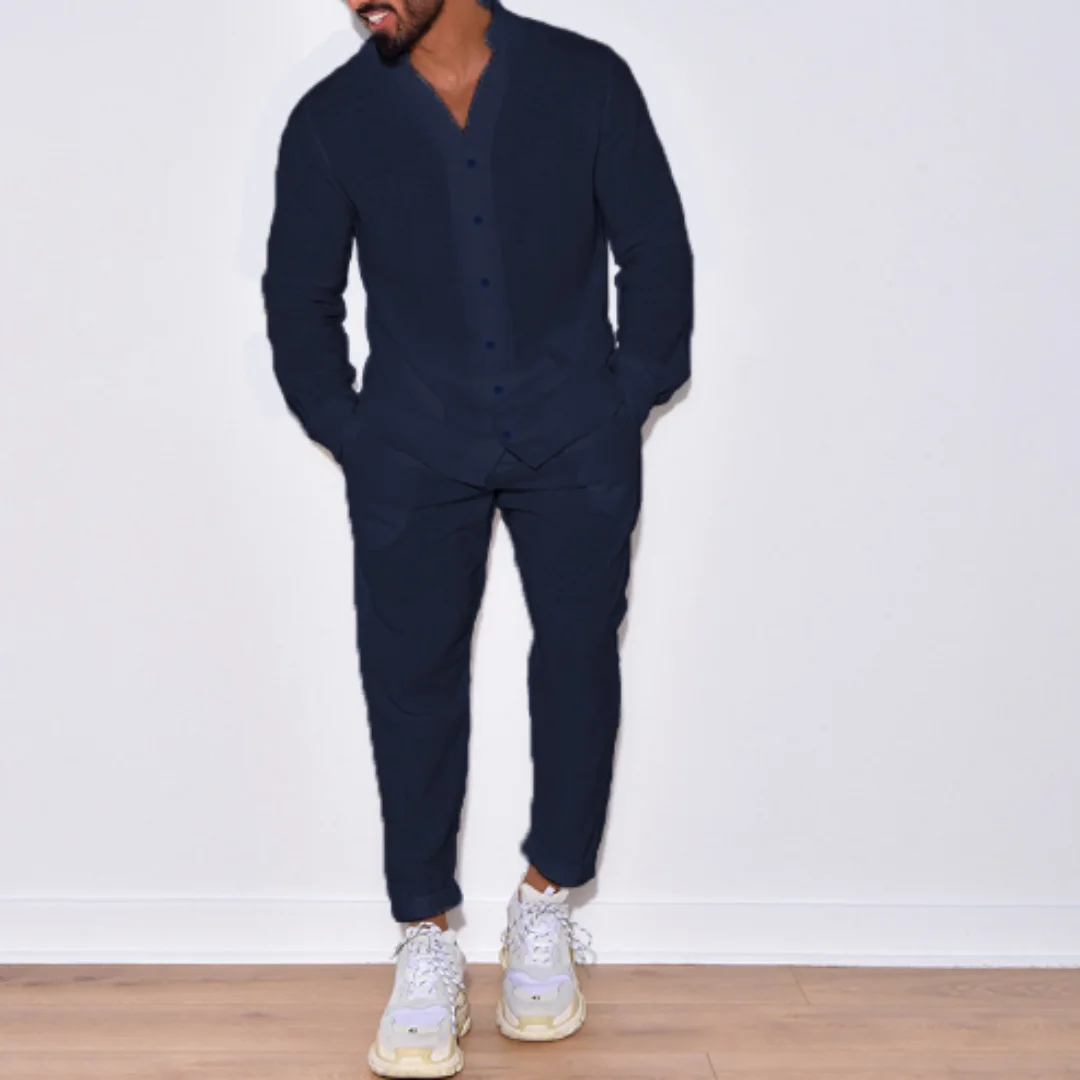 Men's Casual Linen Long Sleeve Button Suit - Solid Color Single Breasted Overalls