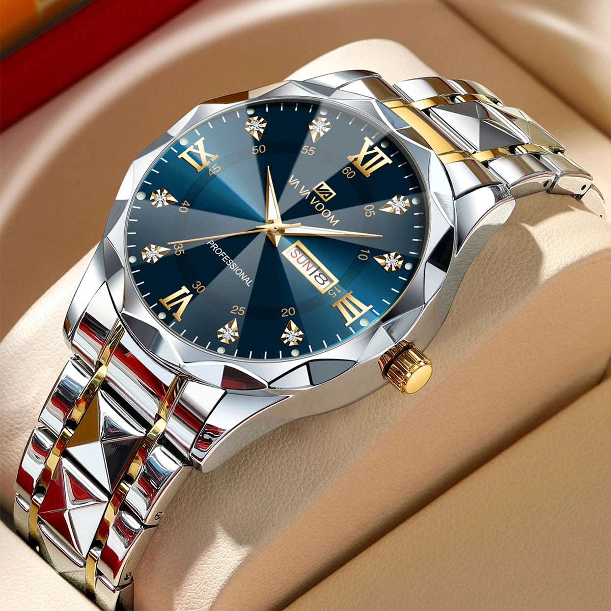 VA VA VOOM Elegant Men's Diamond Night Glow Quartz Watch, Double Calendar