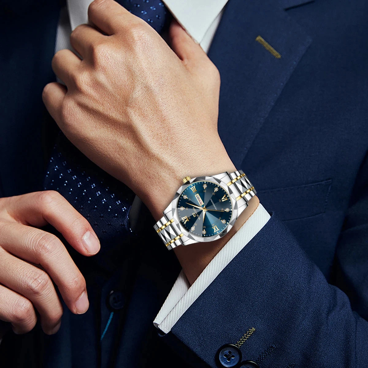 VA VA VOOM Elegant Men's Diamond Night Glow Quartz Watch, Double Calendar