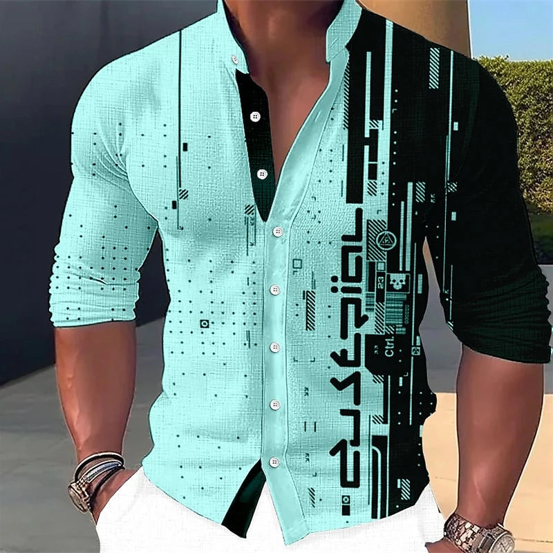 Vintage Geometry Graphic 3D Printed Long Sleeve Men's Casual Streetwear Shirt