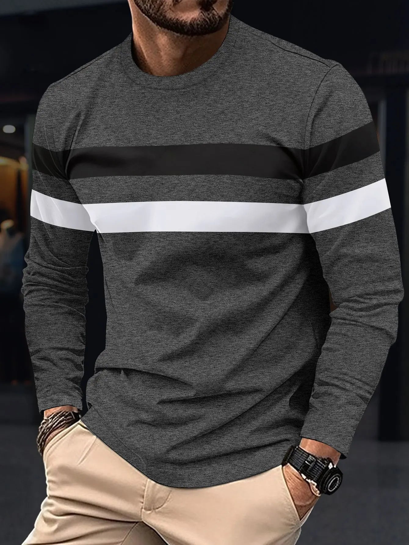 Men's Comfy Oversized Striped Long Sleeve Tee: Versatile Color Block Style