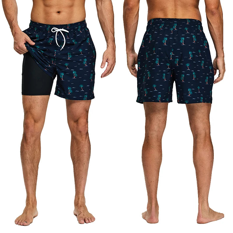 ESCATCH Men's Quick Dry Printed Swim Shorts: Elastic Waist Beachwear