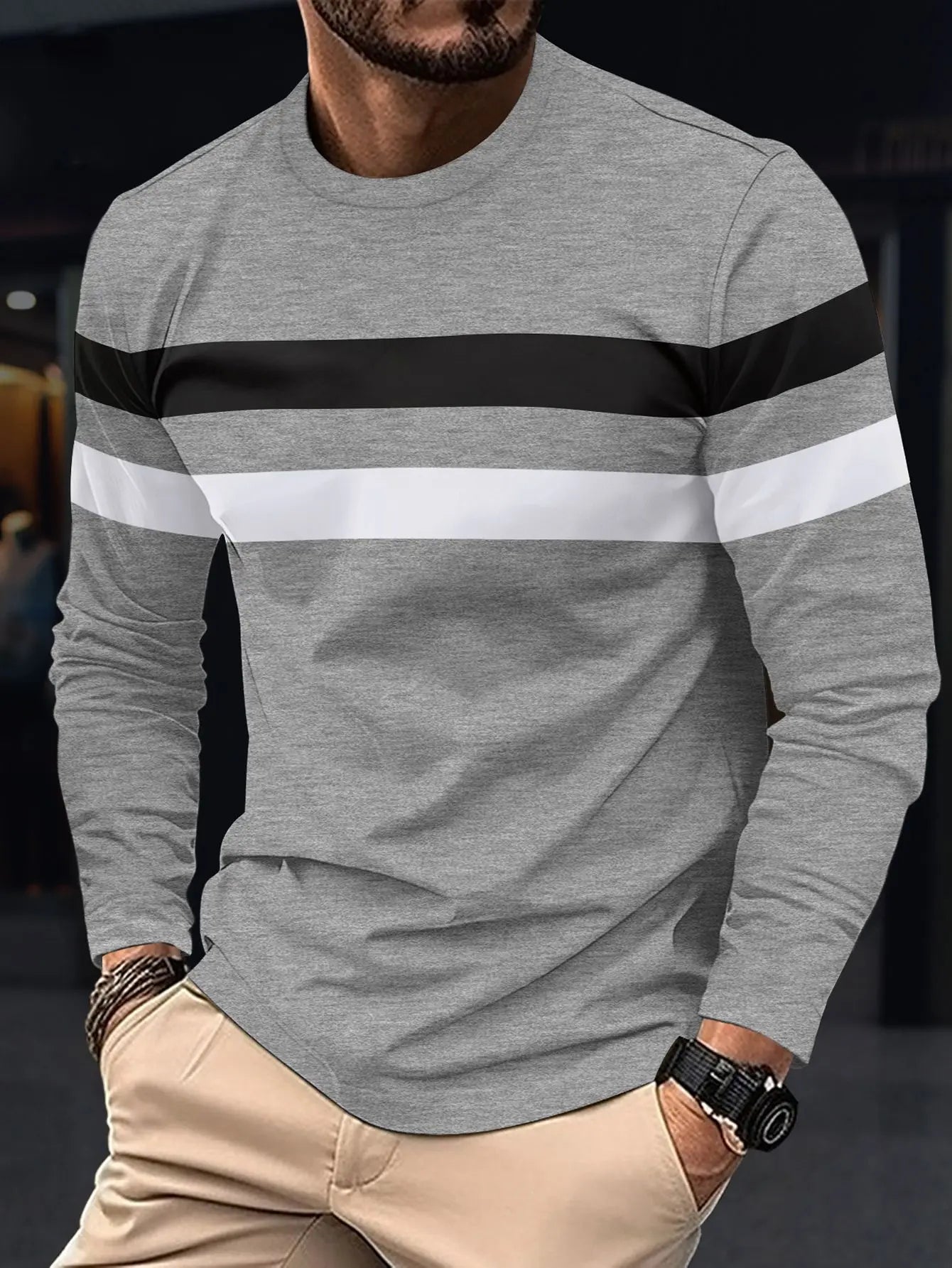Men's Comfy Oversized Striped Long Sleeve Tee: Versatile Color Block Style