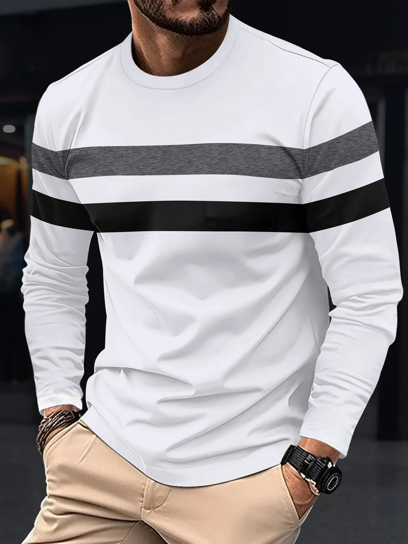 Men's Comfy Oversized Striped Long Sleeve Tee: Versatile Color Block Style