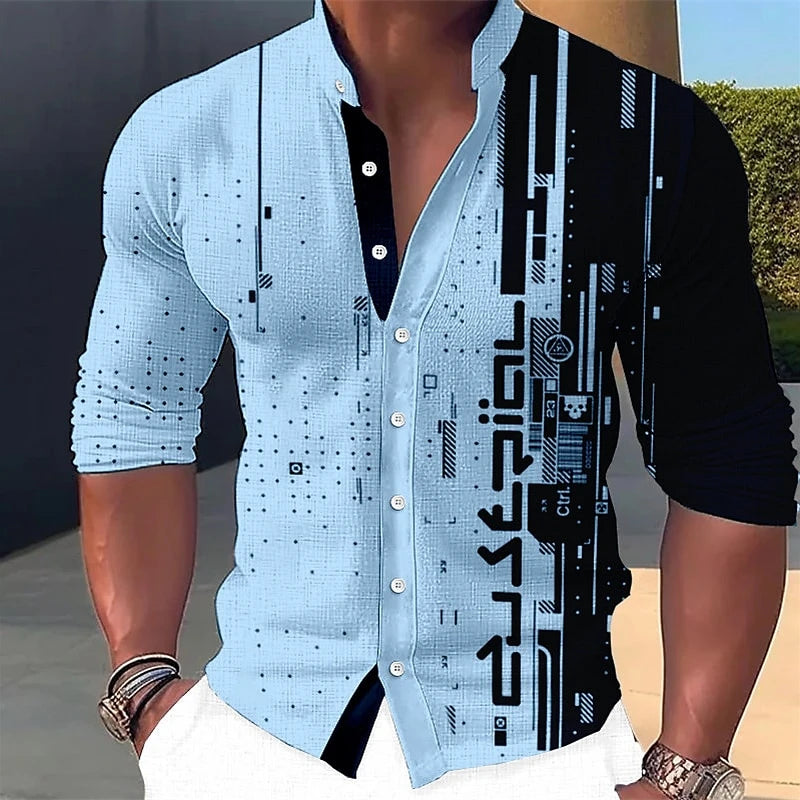 Vintage Geometry Graphic 3D Printed Long Sleeve Men's Casual Streetwear Shirt
