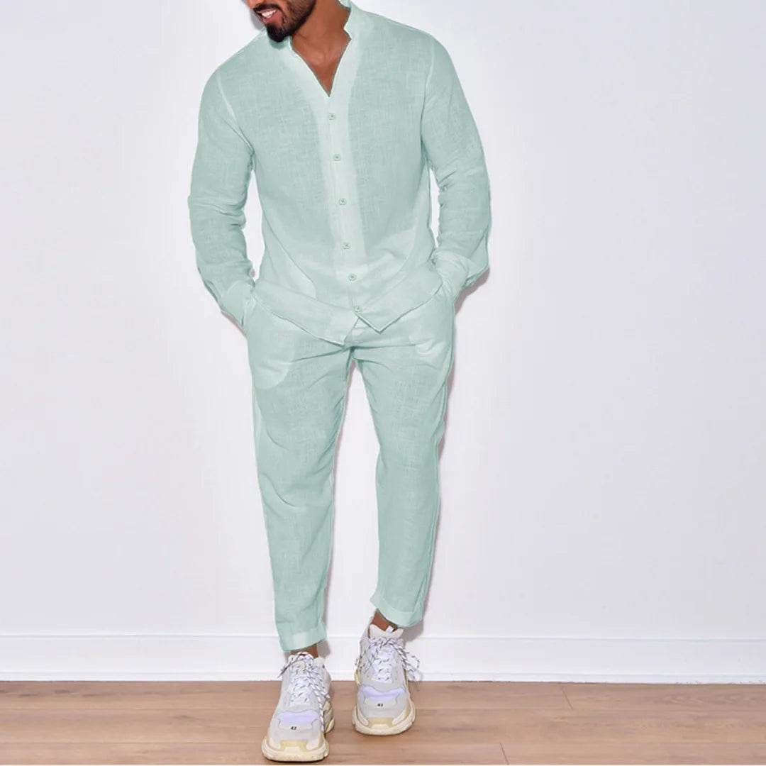 Men's Casual Linen Long Sleeve Button Suit - Solid Color Single Breasted Overalls