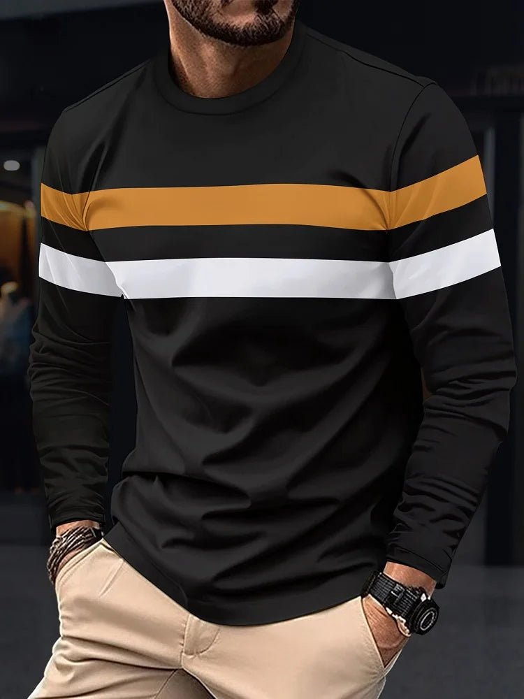 Men's Comfy Oversized Striped Long Sleeve Tee: Versatile Color Block Style