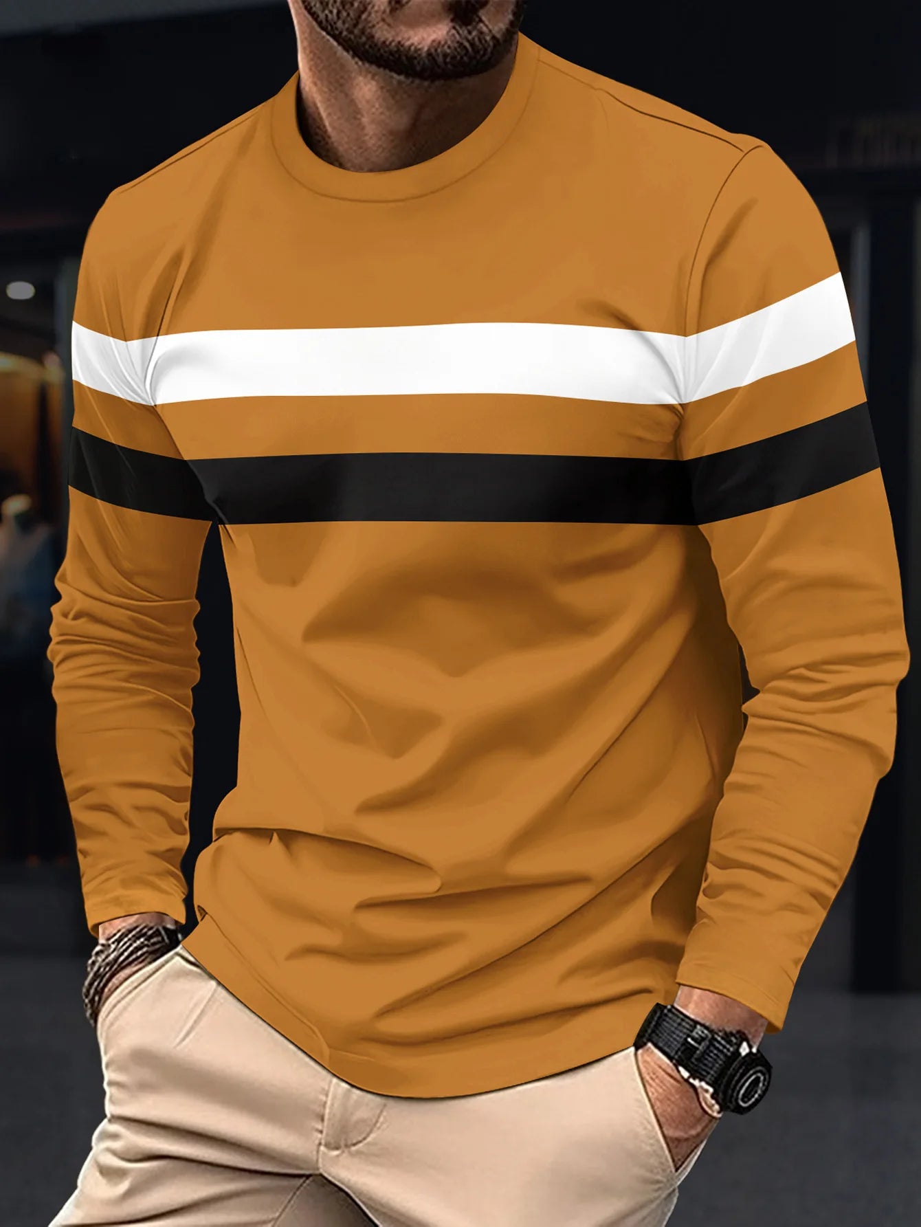 Men's Comfy Oversized Striped Long Sleeve Tee: Versatile Color Block Style