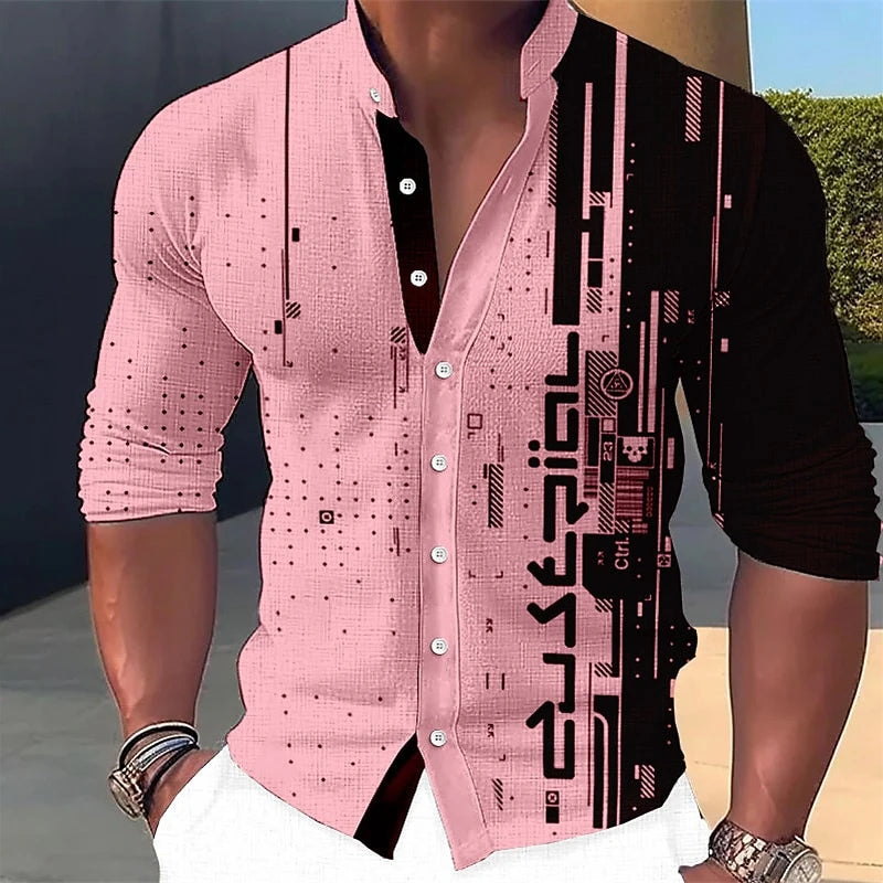 Vintage Geometry Graphic 3D Printed Long Sleeve Men's Casual Streetwear Shirt