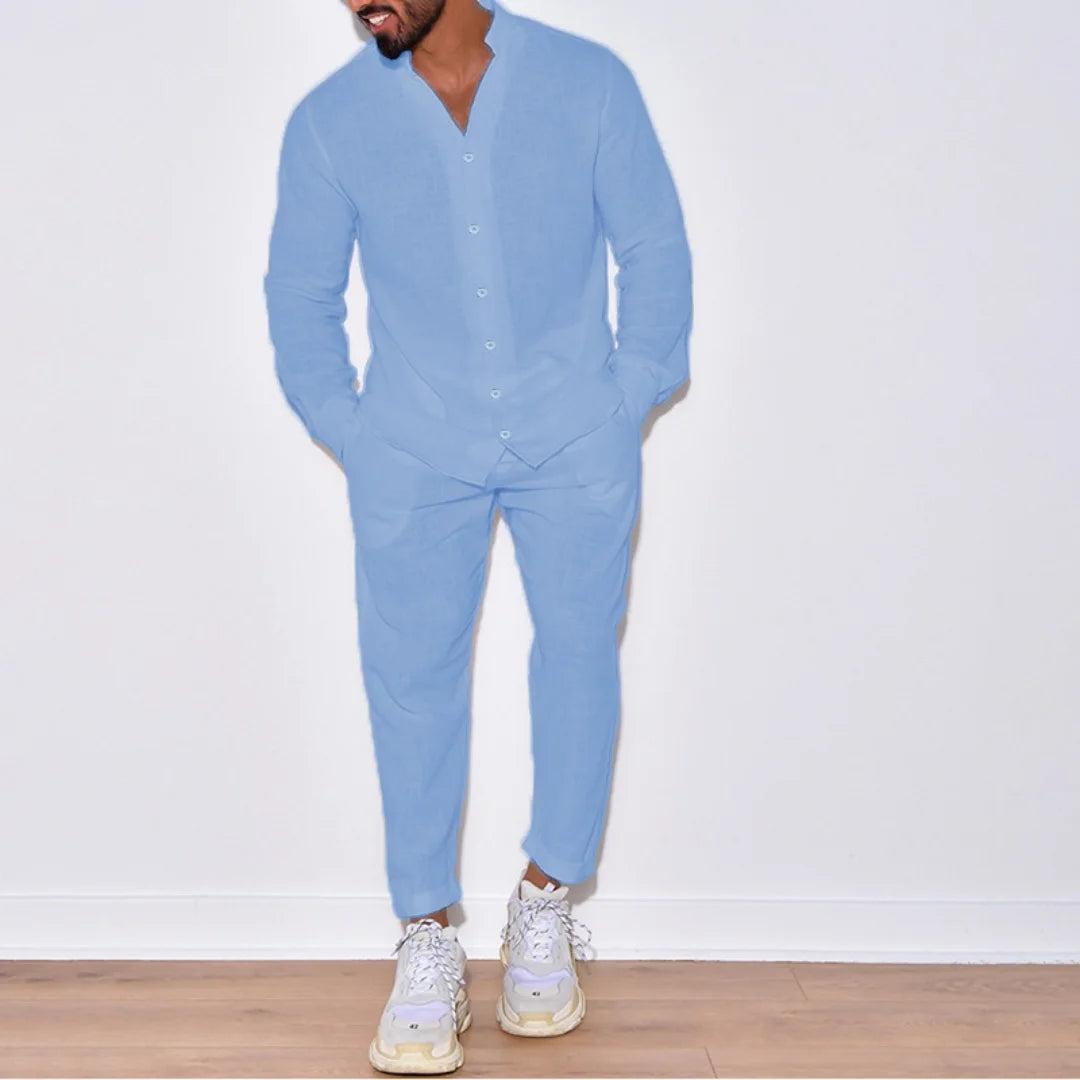 Men's Casual Linen Long Sleeve Button Suit - Solid Color Single Breasted Overalls