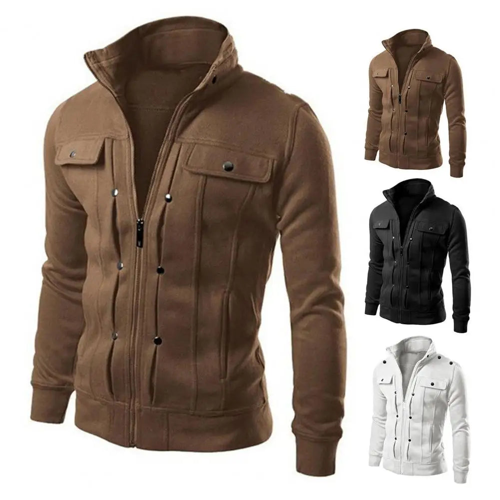 Men's Solid Color Stand Collar Zipper Jacket for Fall & Spring
