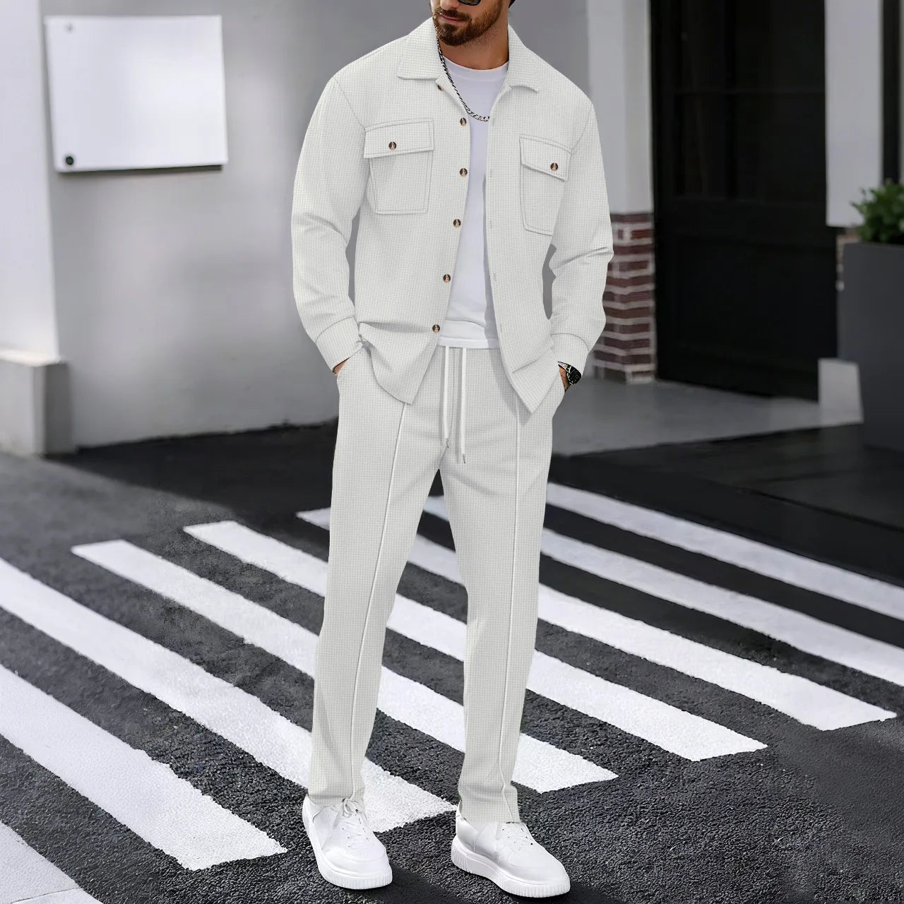 Men's Casual Waffle Knit Long Sleeve Cardigan & Drawstring Pants Set