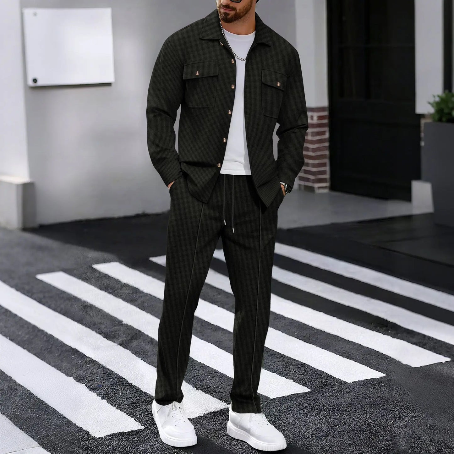 Men's Casual Waffle Knit Long Sleeve Cardigan & Drawstring Pants Set