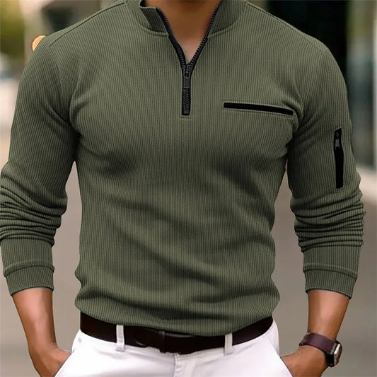 Men's Luxury Striped Zipper Long Sleeve Polo Shirt - Casual Retro Sport Style