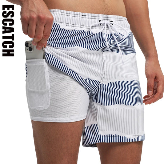 ESCATCH Men's Quick Dry Printed Swim Shorts: Elastic Waist Beachwear