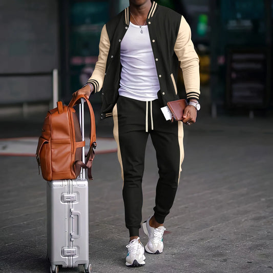Men's Thick Warm Baseball Suit Set: Casual Stand Collar Cardigan Pants