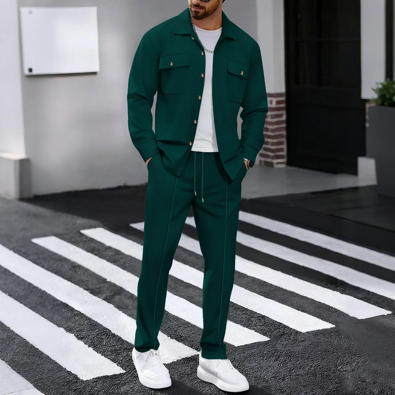 Men's Casual Waffle Knit Long Sleeve Cardigan & Drawstring Pants Set