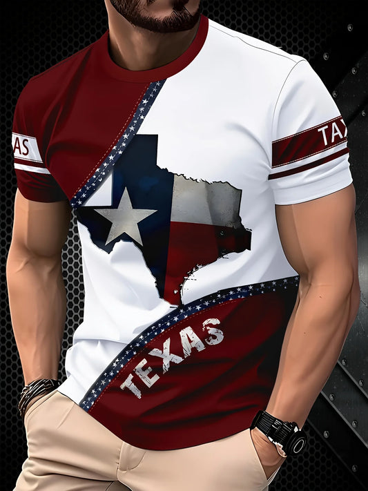 Patriotic Men's Texas Flag Print T-Shirt - Comfortable Polyester Knit Crew Neck