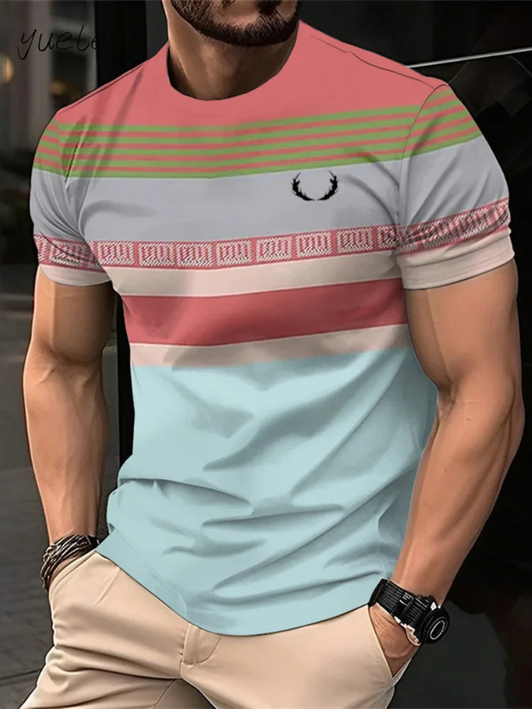 Stylish Men's Striped Print T-Shirt Breathable Casual Loose Fit Tee