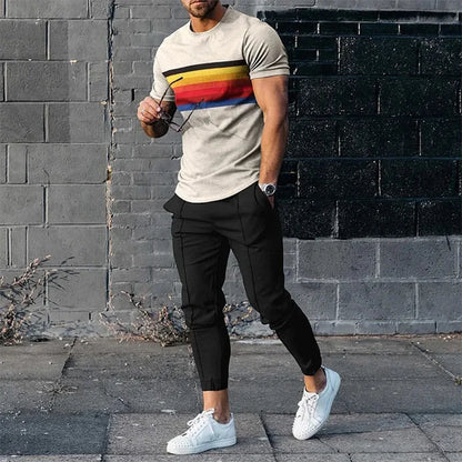 Men's Casual Striped 3D Print Sportswear Set: Short Sleeve Top & Pants