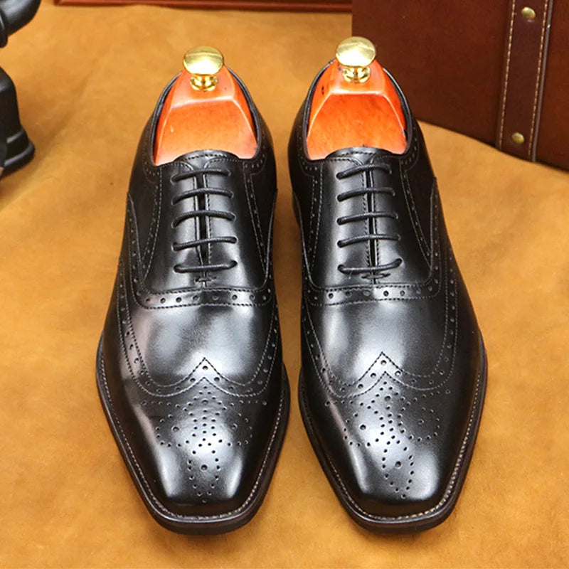 Premium Genuine Leather Men's Business Dress Oxfords Luxury Carved Cowhide Shoes
