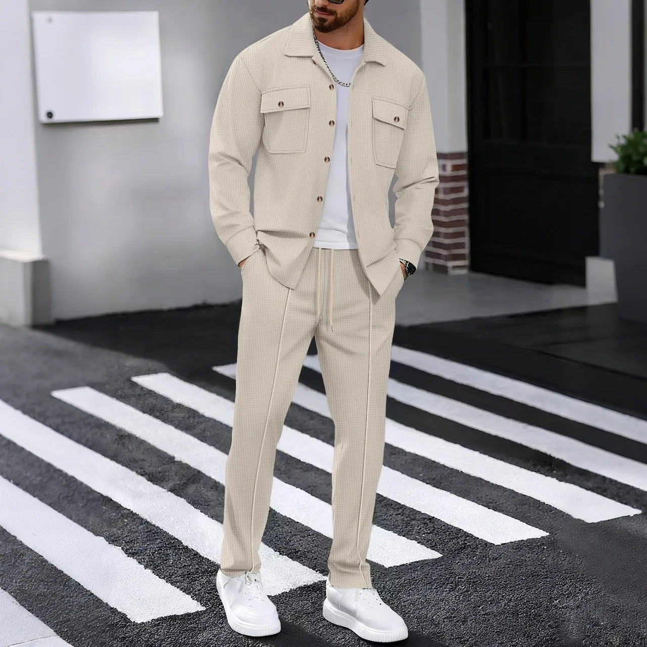Men's Casual Waffle Knit Long Sleeve Cardigan & Drawstring Pants Set