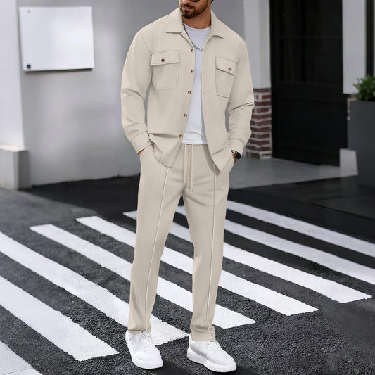 Men's Casual Waffle Knit Long Sleeve Cardigan & Drawstring Pants Set