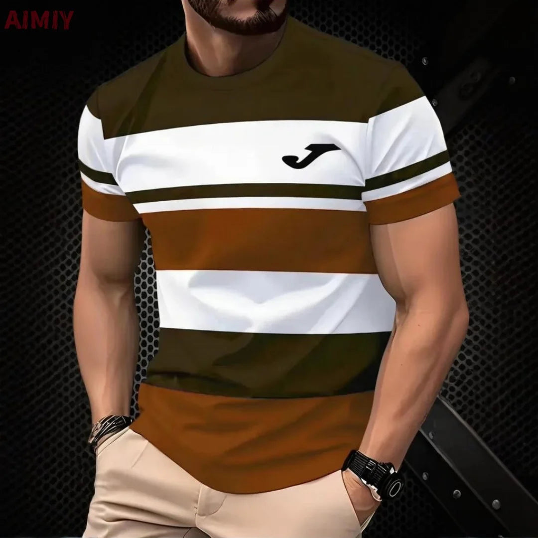 Men's Oversized Striped Casual Round Neck Short Sleeve Summer T-Shirt