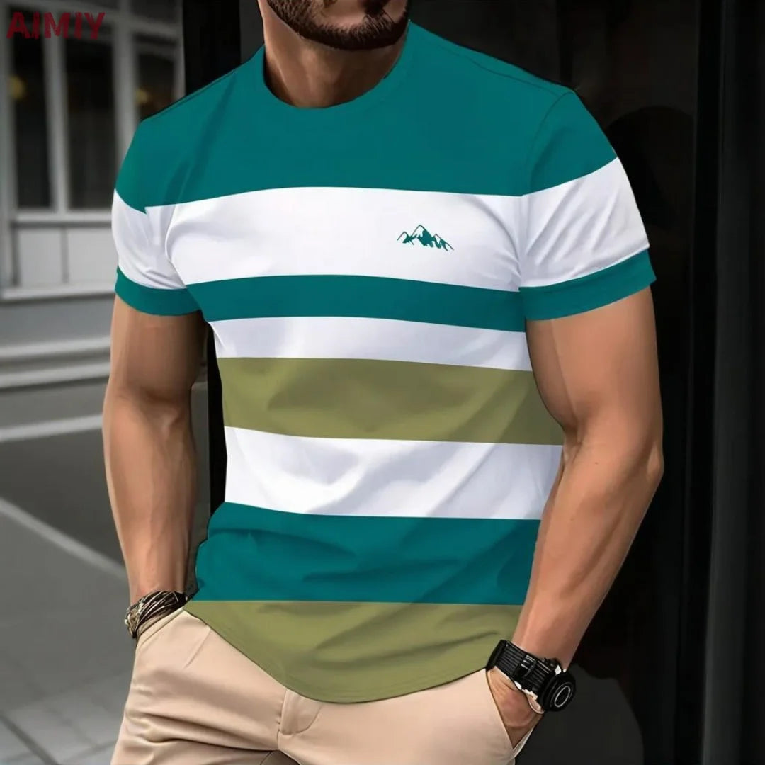 Men's Oversized Striped Casual Round Neck Short Sleeve Summer T-Shirt