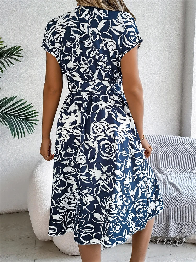 Elegant Msfilia Summer Floral Print Pleated V-Neck Knee-Length Belted Dress
