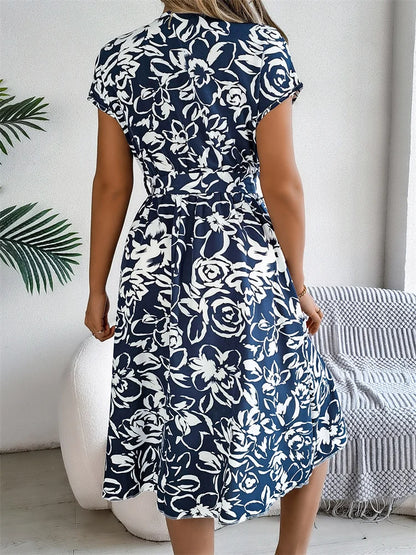 Elegant Msfilia Summer Floral Print Pleated V-Neck Knee-Length Belted Dress
