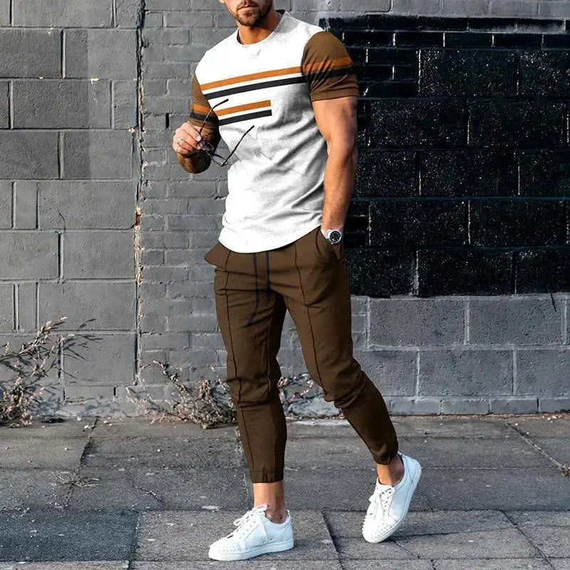 Men's Casual Striped 3D Print Sportswear Set: Short Sleeve Top & Pants