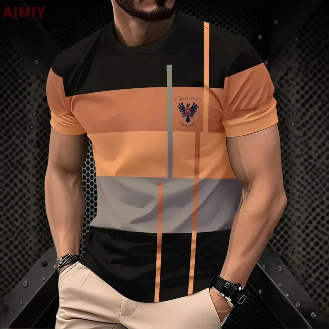 Men's Oversized Striped Casual Round Neck Short Sleeve Summer T-Shirt