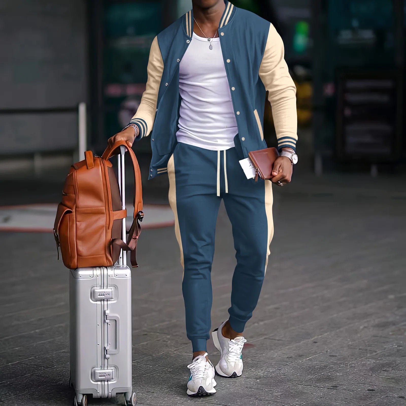 Men's Thick Warm Baseball Suit Set: Casual Stand Collar Cardigan Pants