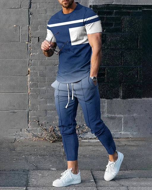 Men's Casual Striped 3D Print Sportswear Set: Short Sleeve Top & Pants