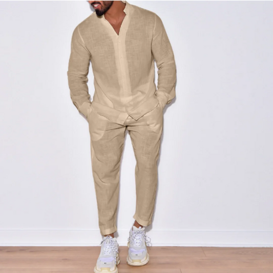 Men's Casual Linen Long Sleeve Button Suit - Solid Color Single Breasted Overalls