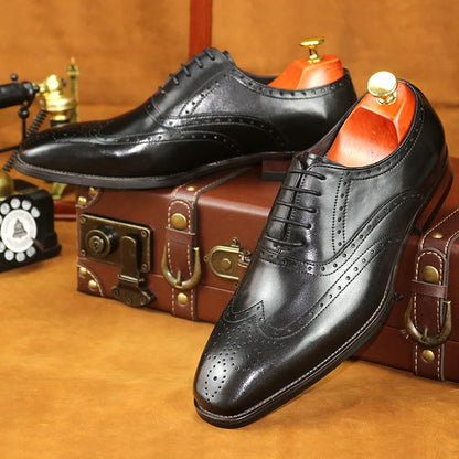 Premium Genuine Leather Men's Business Dress Oxfords Luxury Carved Cowhide Shoes