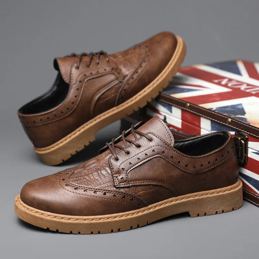 Men's Luxury Brogue Leather Dress Shoes - Soft Sole Lace-Up Comfort