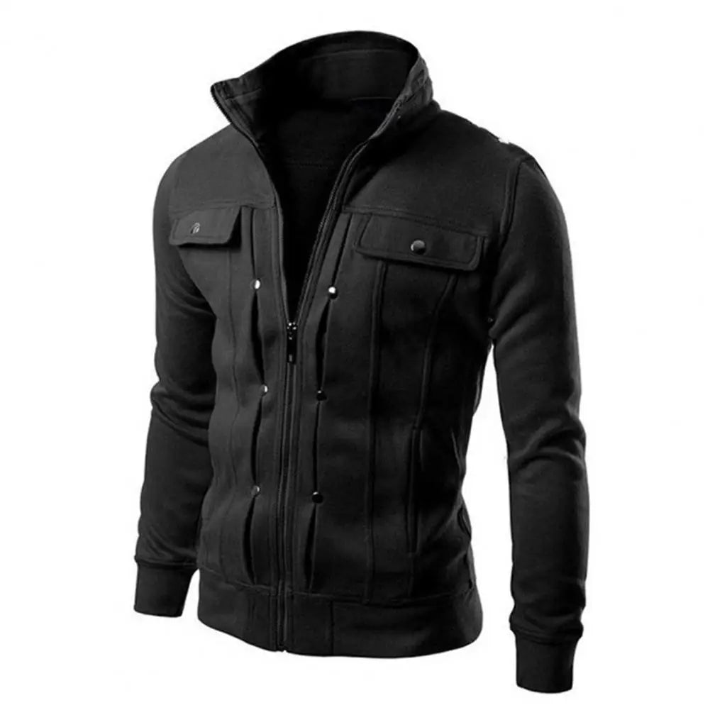 Men's Solid Color Stand Collar Zipper Jacket for Fall & Spring