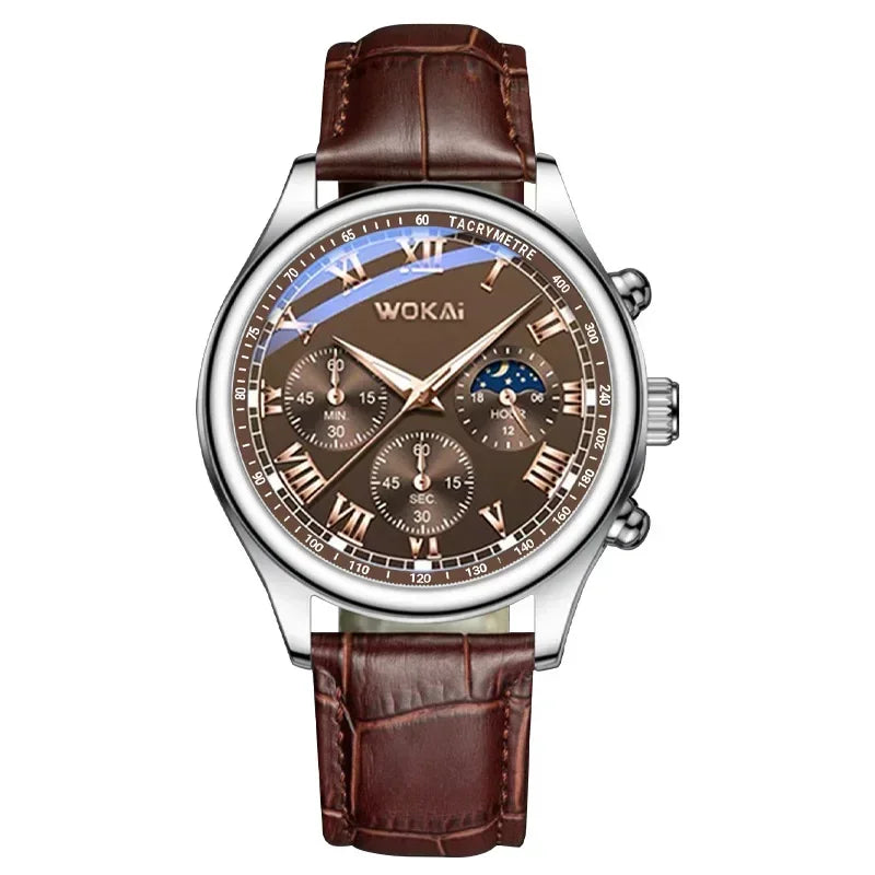 MOONBIFFY Men's Classic Quartz Watch Leather Strap Casual Business Style