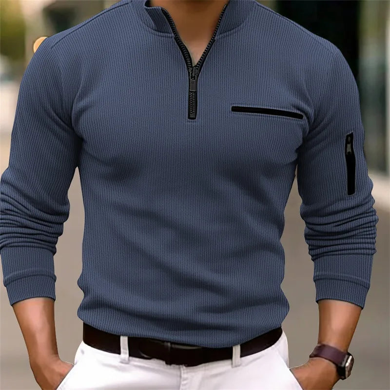 Men's Luxury Striped Zipper Long Sleeve Polo Shirt - Casual Retro Sport Style