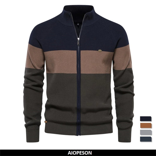 Men's Stylish Patchwork Full-Zip Cardigan Sweater - Premium Cotton Blend, Fall Winter